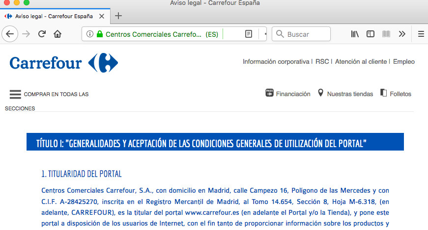 información fiscal de la web de carrefour.es